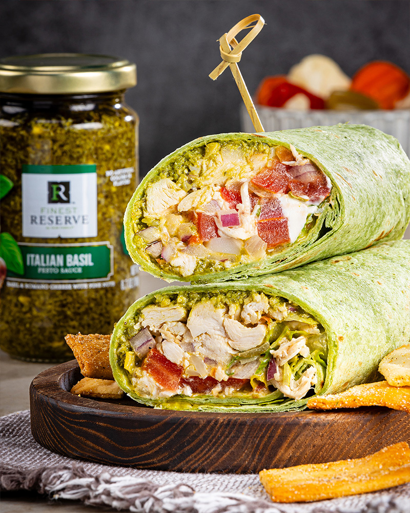 Spicy Giardiniera-Pesto Chicken Wraps