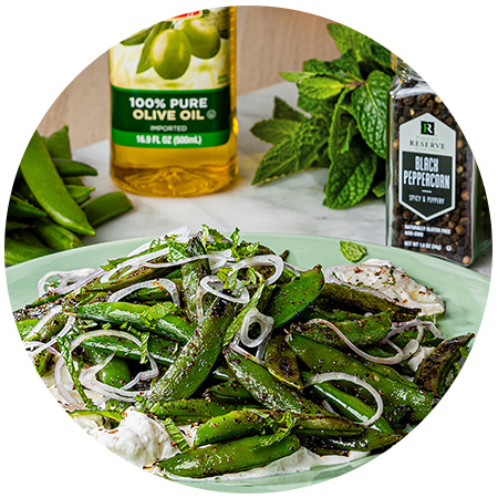 Charred Snap Peas with Shallots & Burrata 